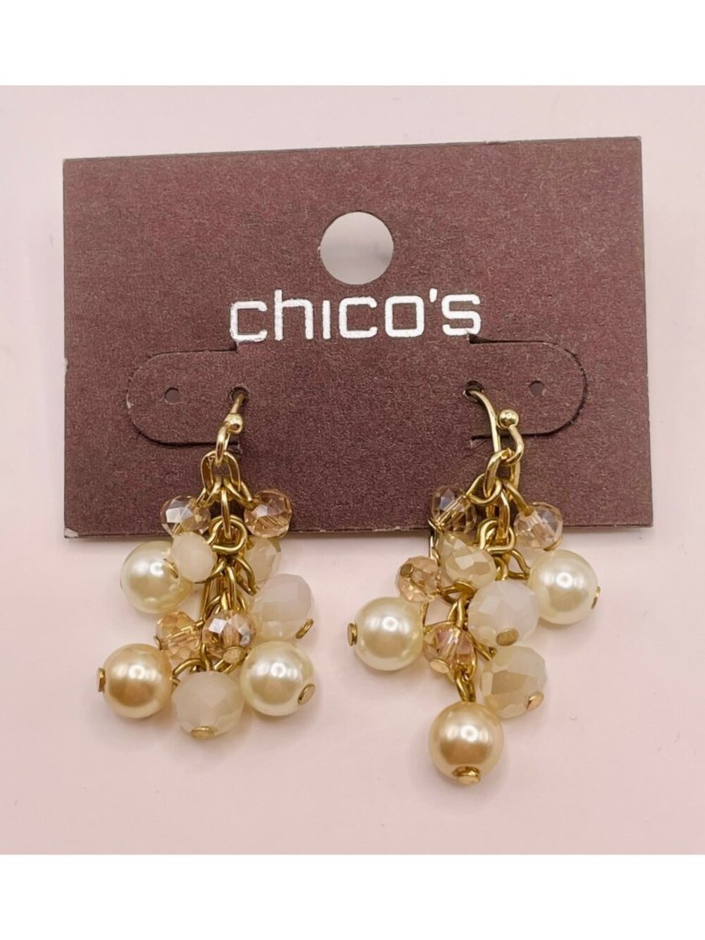 New Chico's Gold-Tone Beaded Cluster Dangle Earrings Faux Pearls & Crystals -9B